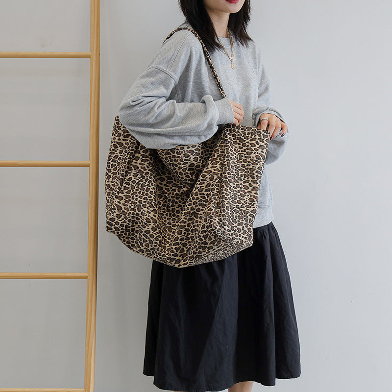 Women's Canvas Korean Style Large Capacity Leopard Print Cloth Commuter Bags