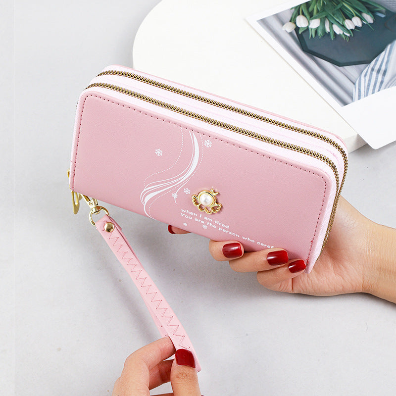 Women's Layer Zipper Long Wrist Clutch Pearl Ladies Wallet