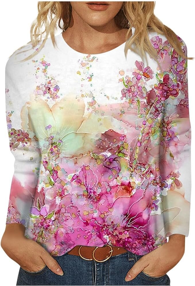 Women's Round Neck Long Sleeve Loose Print Blouses
