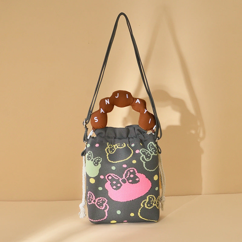 Woven Jacquard Female Drawstring Pocket Cartoon Knitted Wool Flying Phone Bags