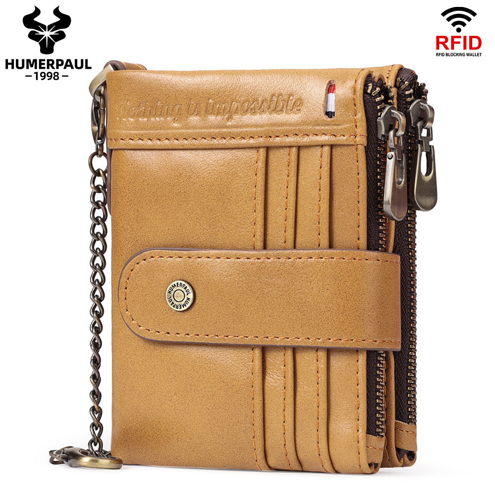 Men's Double Zipper Leather Multiple Slots Crazy Men's Wallets