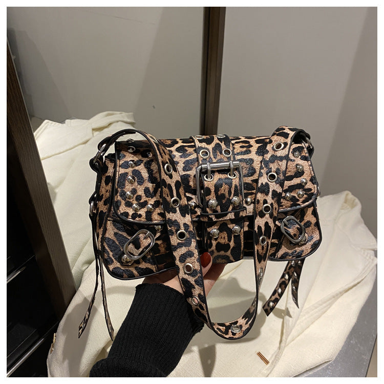 Women's Rivet Leopard Print Personality Design Motorcycle Underarm Women's Shoulder Bag