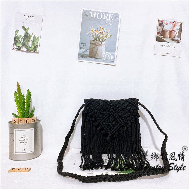 Cotton Thread With Lid Tassel Woven Ethnic Style Bags