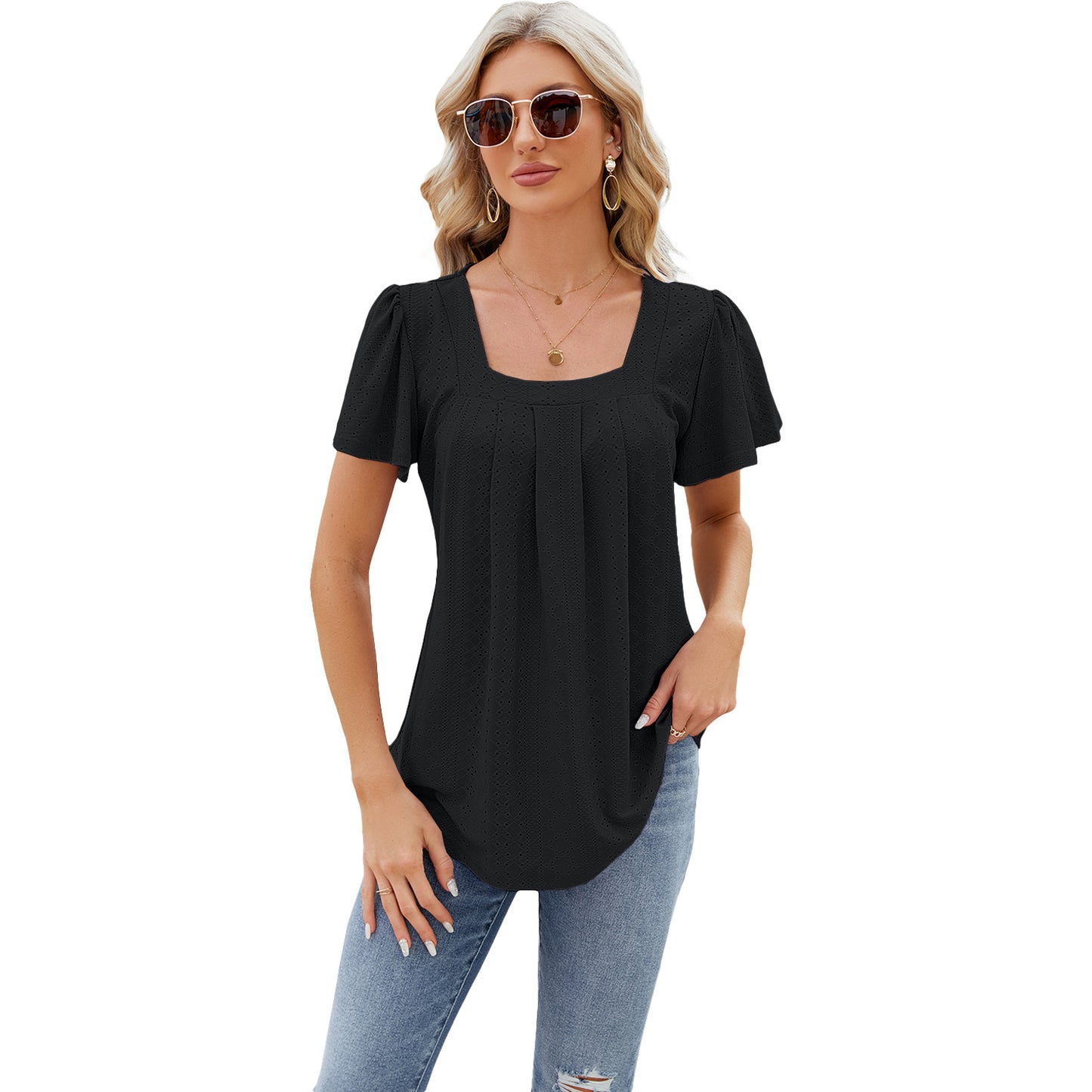 Women's Pleated Square Collar Jacquard Short-sleeved Dovetail Blouses