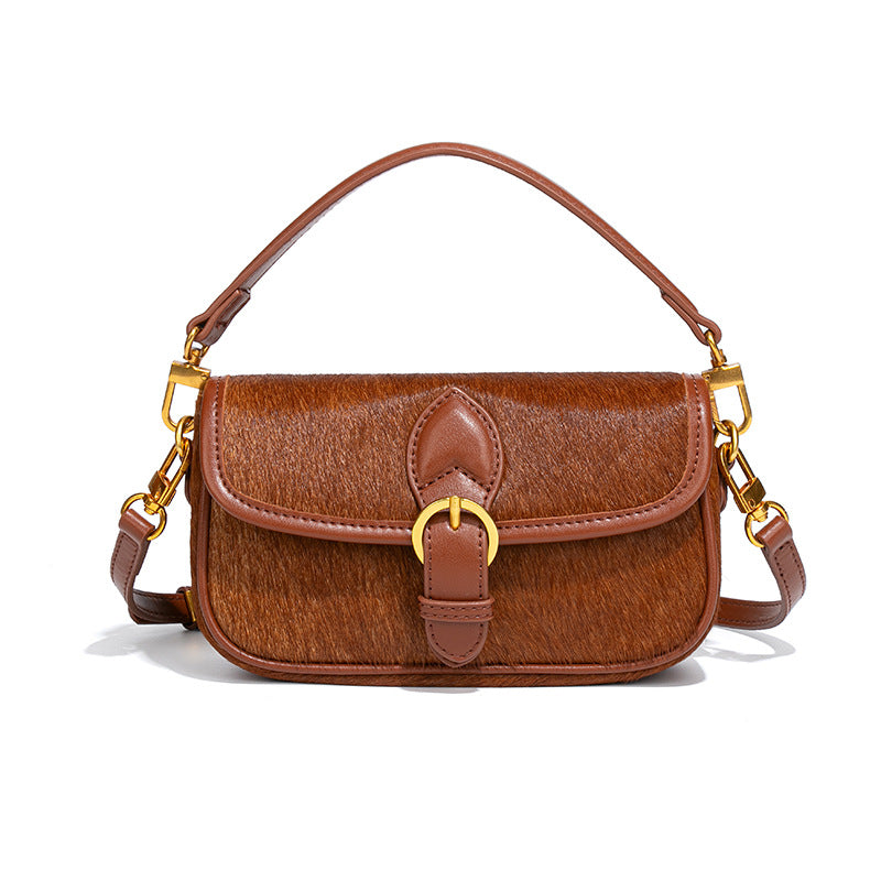 Temperament Entry Lux Horse Hair Leather Stitching Saddle Women's Messenger Bag