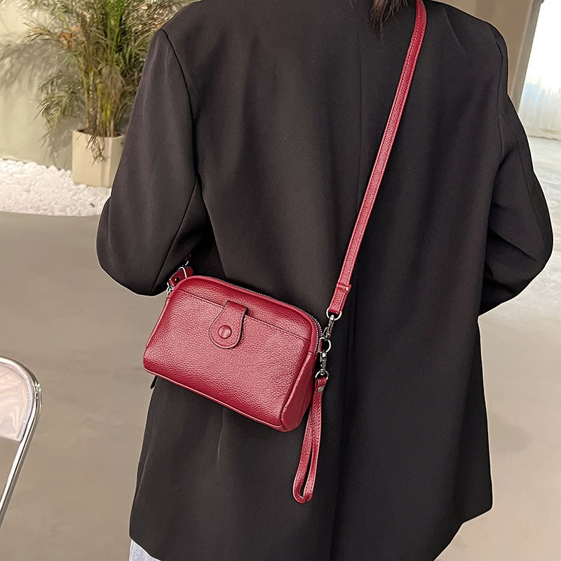 Women's Top Layer Cattlehide Leather Fashion Double Zipper Clutch Leisure Women's Shoulder Bag