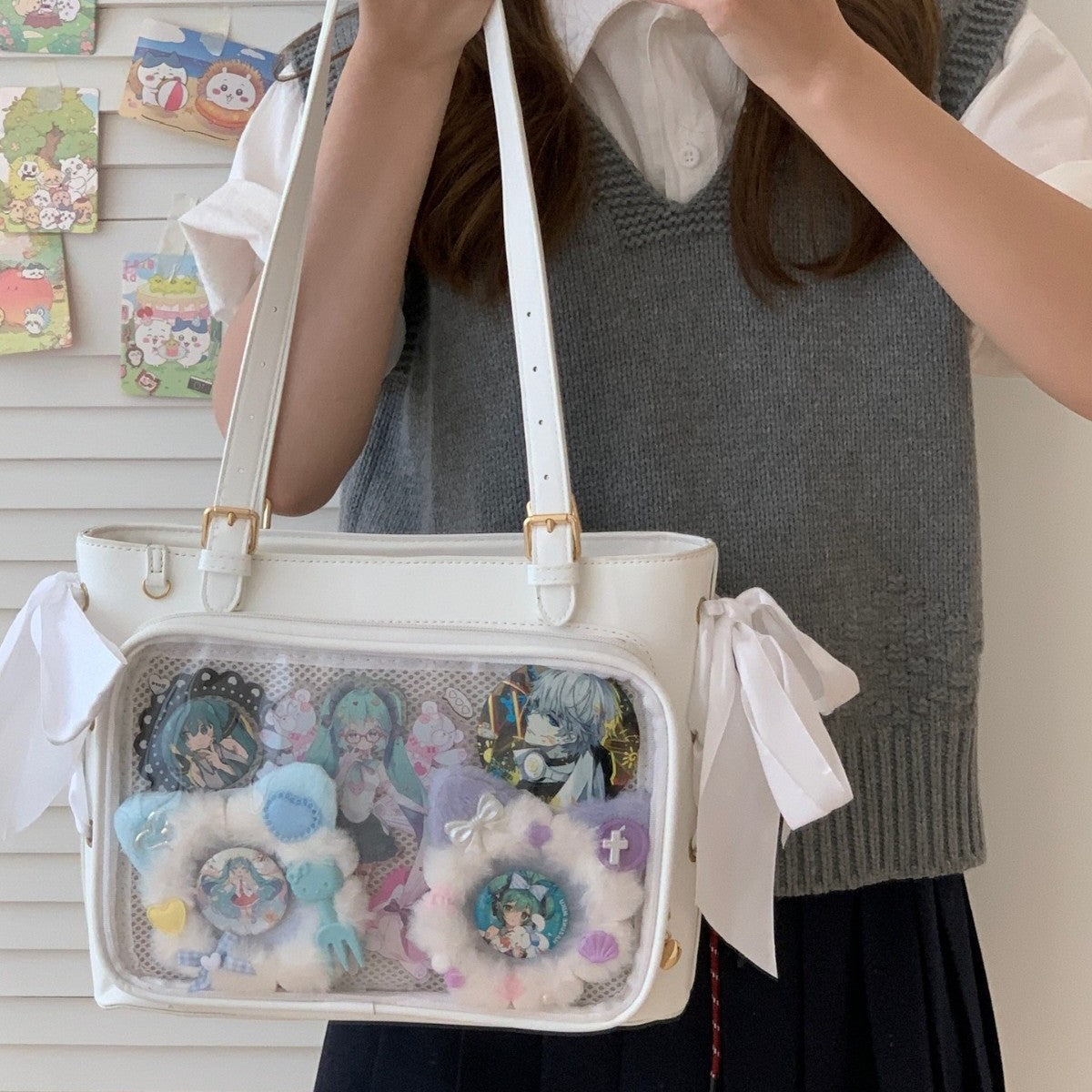 Two-dimensional Ribbon Transparent Cartoon Go Out Shoulder Bags