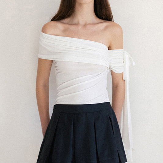 Diagonal Collar Bow Design Pleated Waist Tight Blouses
