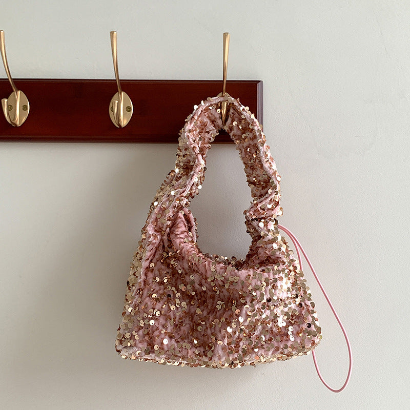 Portable Sequin Female Niche Shiny Drawstring Hand Carrying Handbags
