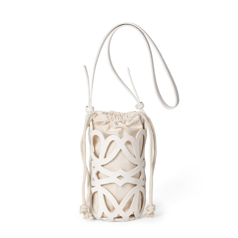 Women's Design Hollow Drawstring Canvas Cylindrical Pouch Crossbody Bags