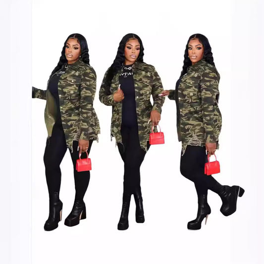 Women's Classic Long-sleeved Camouflage Ripped Collar Blouses