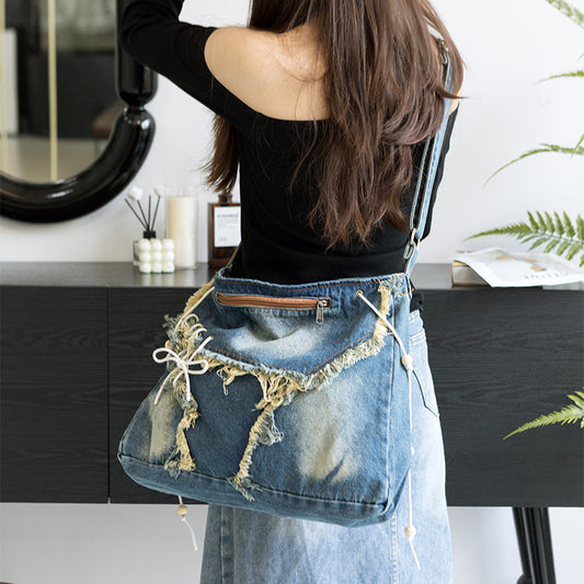 Tassel Canvas Jean Korean Style Large Crossbody Bags