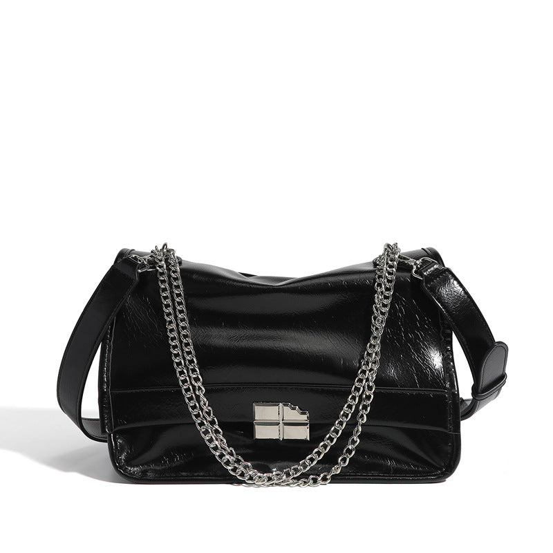 Oil Wax Leather Chain Pure Black Underarm Crossbody Bags