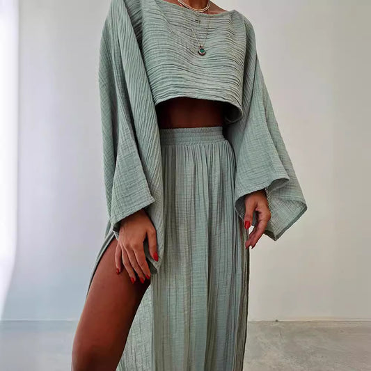 Vacation Linen Blend High Waist Chic Slit Suits