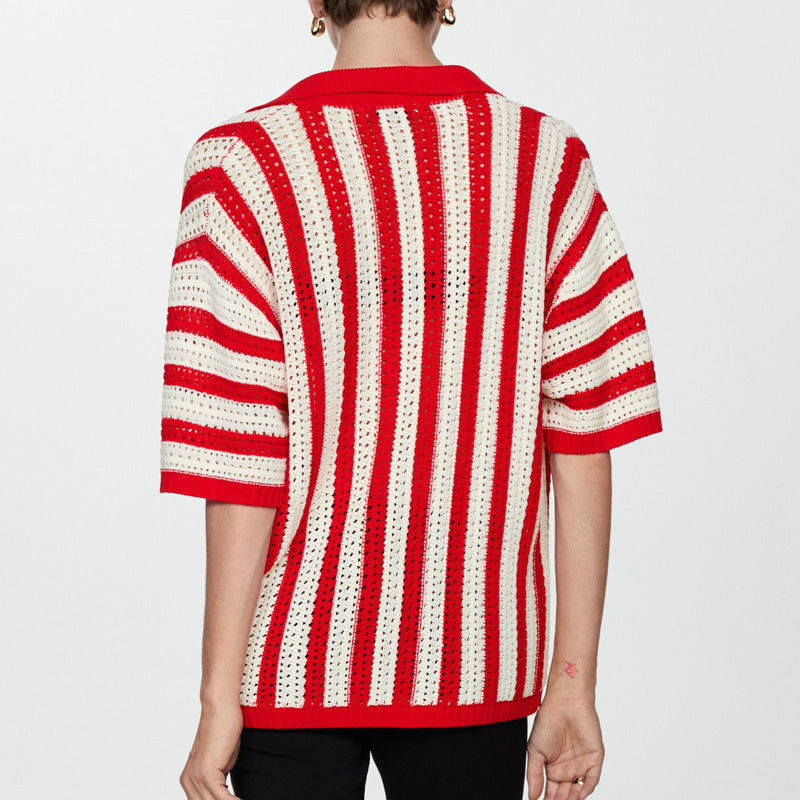 Women's Knitted Contrast Color Design Lapel Shirt Knitwear