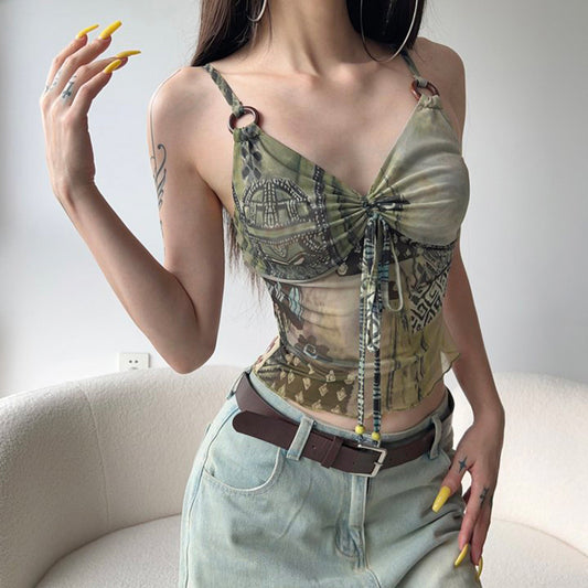 Western Wilderness Vintage Ring Bow Personality Mesh Sling Tops