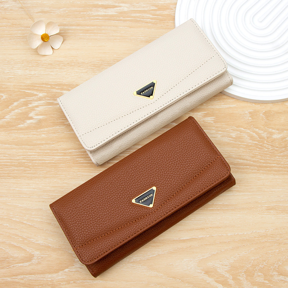 Solid Color Litchi Pattern Long Two Ladies Wallet