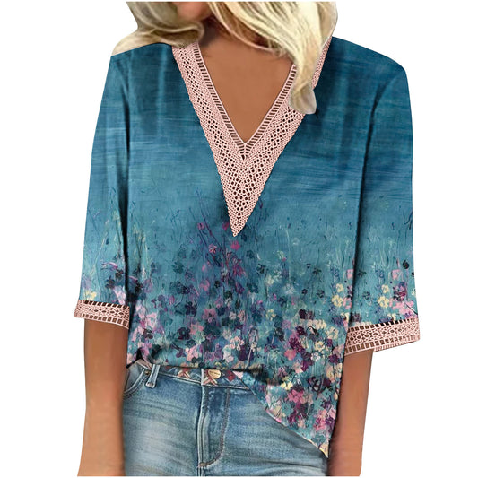 Women's Summer Printed Lace Stitching Sleeve T-shirt Blouses