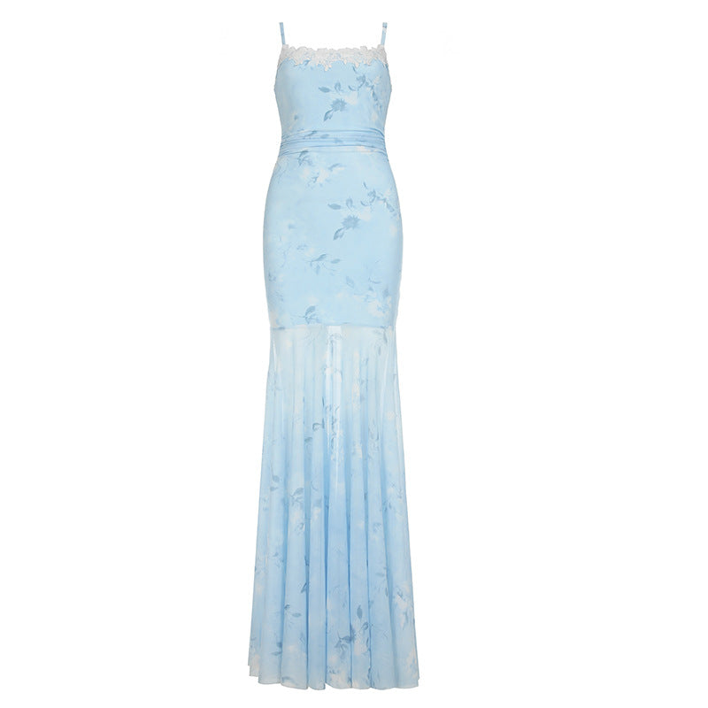 Chinese Style Light Green Butterfly Printed Fishtail Suspender Dresses