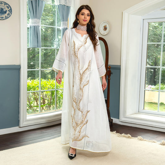 Mesh Sequin Embroider Muslim Dress Saudi Clothing