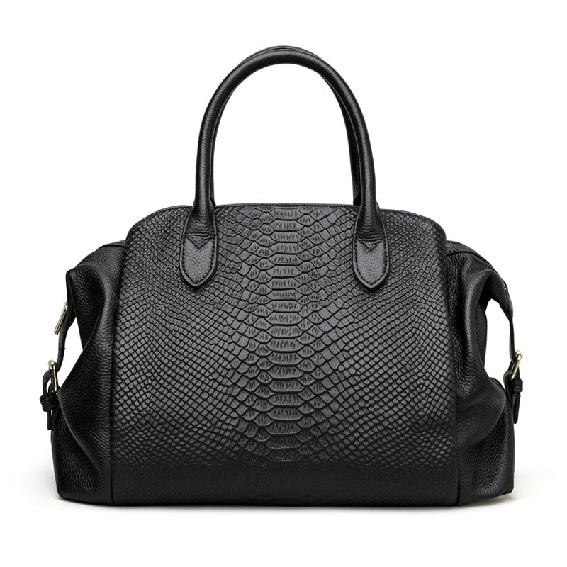 Women's Large Capacity Black Commuter Genuine Leather Crocodile Pattern Bags