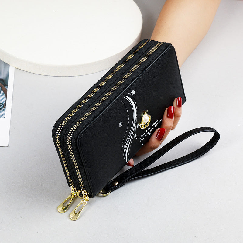 Women's Layer Zipper Long Wrist Clutch Pearl Ladies Wallet
