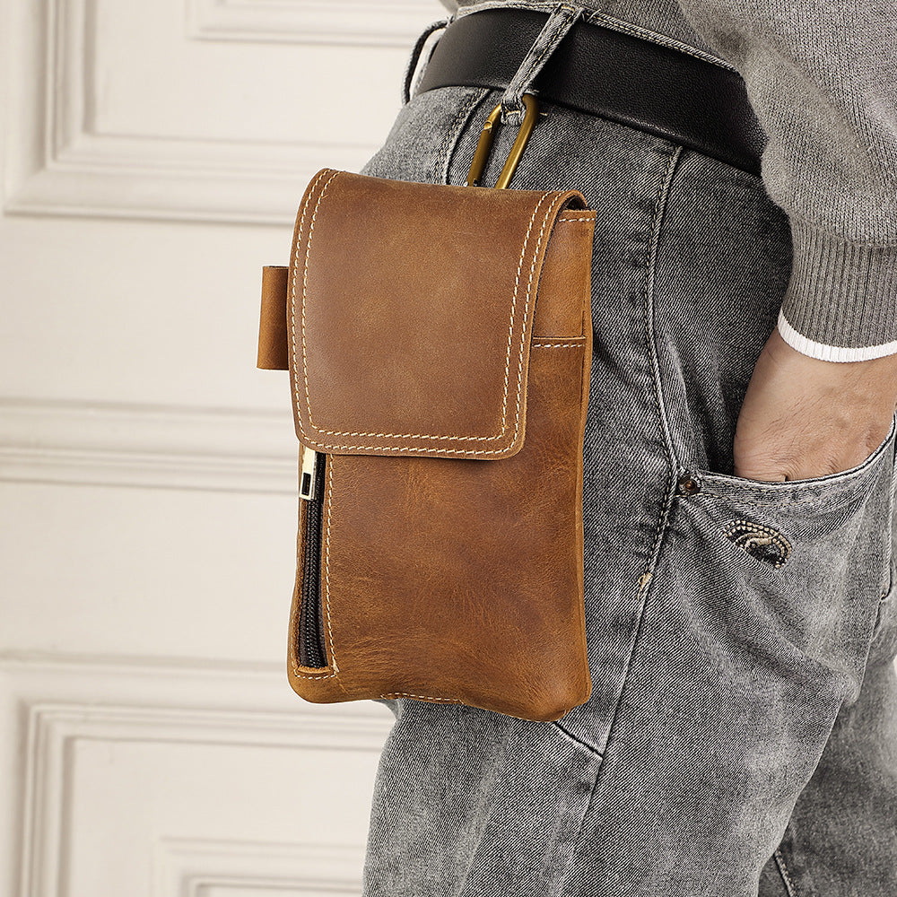 Men's First Layer Cowhide Magnetic Mobile Vertical Men's Waist Packs