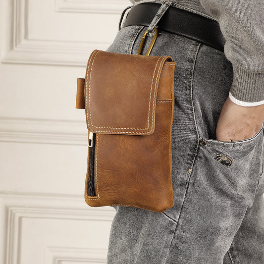 Men's First Layer Cowhide Magnetic Mobile Vertical Men's Waist Packs