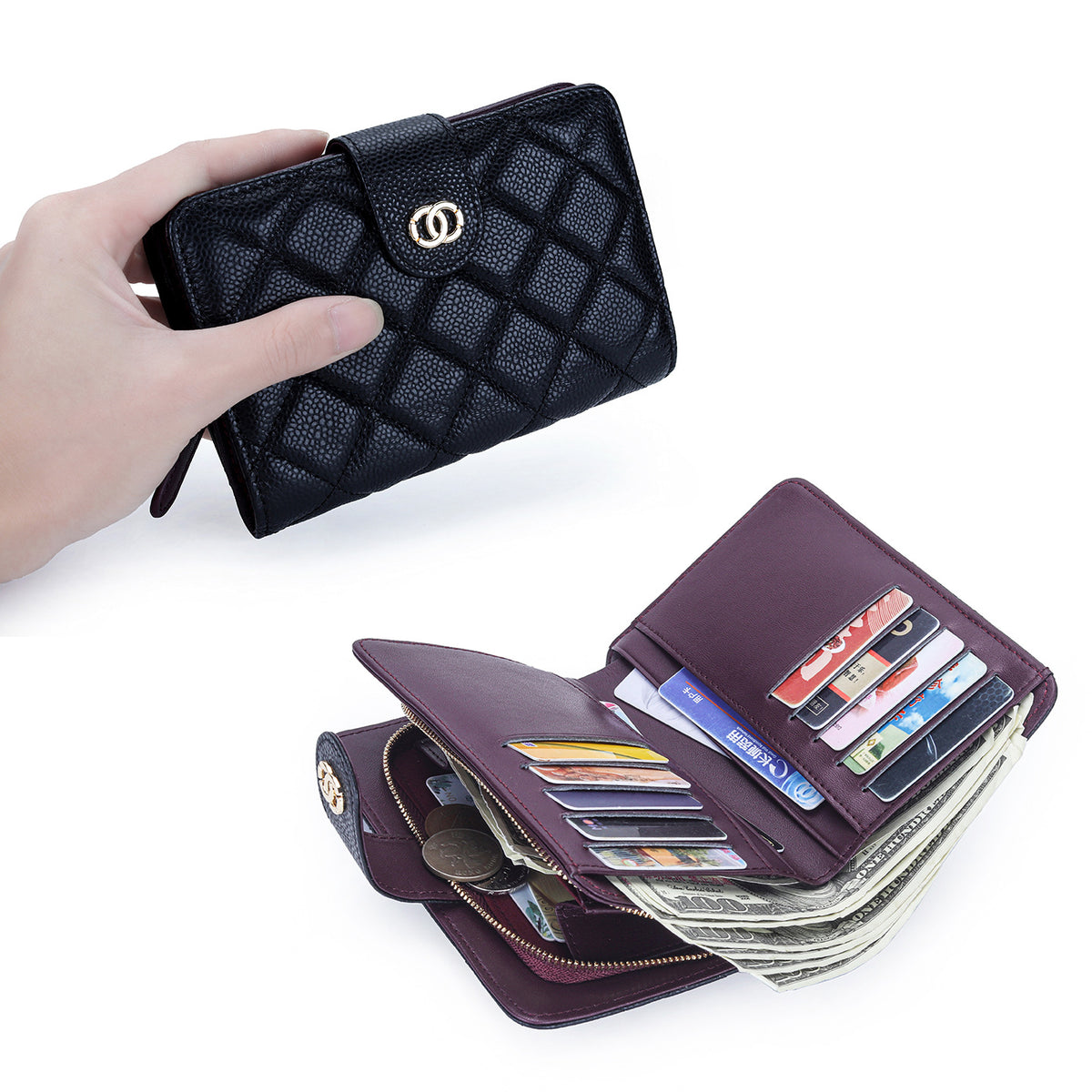 Women's Short Folding First Layer Cowhide Caviar Classic Style Multiple Ladies Wallet