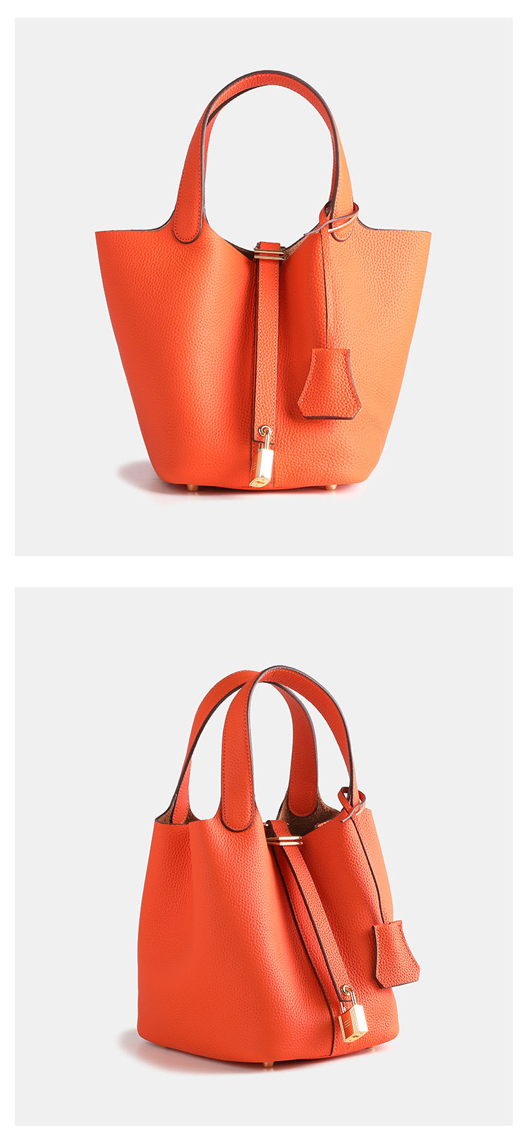 Layer Cowhide Lychee Pattern Solid Color Bucket Bags