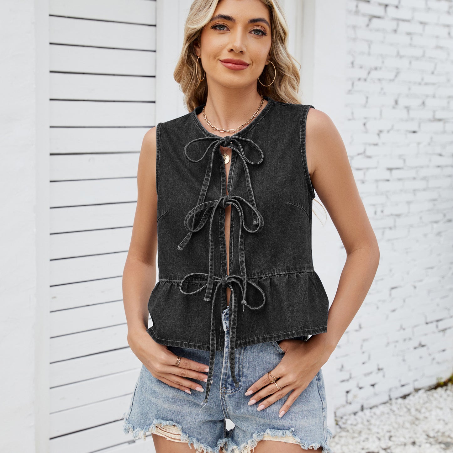 Women's Summer Ruffled Tied Denim Waistcoat For Vests