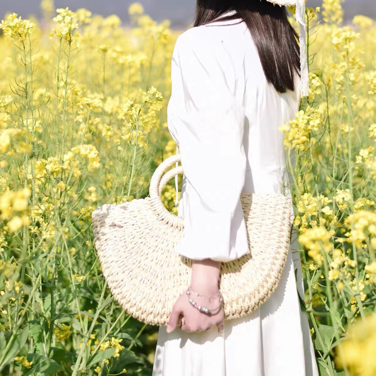 Women's Summer Retro Simple Straw Half Moon Mori Fashion Rattan Crescent Handbags