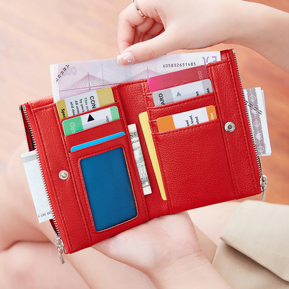 Women's Short Double Zipper Flip Minimalist Portable Ladies Wallet