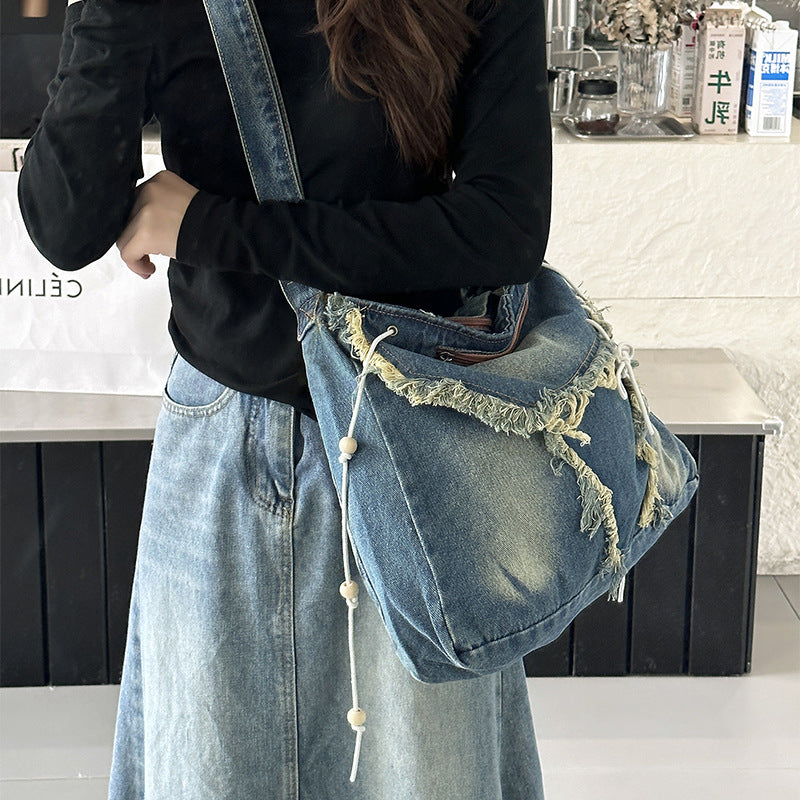 Tassel Canvas Jean Korean Style Large Crossbody Bags