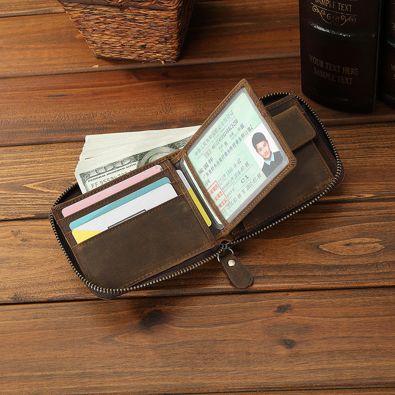 Men's Leather Crazy Horse Broken Sier Multiple Slots Bills Horizontal Storage Men's Wallets