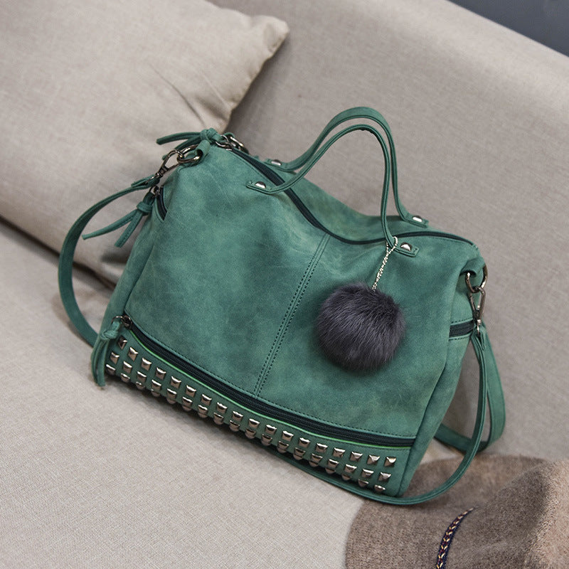 Women's Frosted Fur Ball Motorcycle Big Rivet Women's Handbag