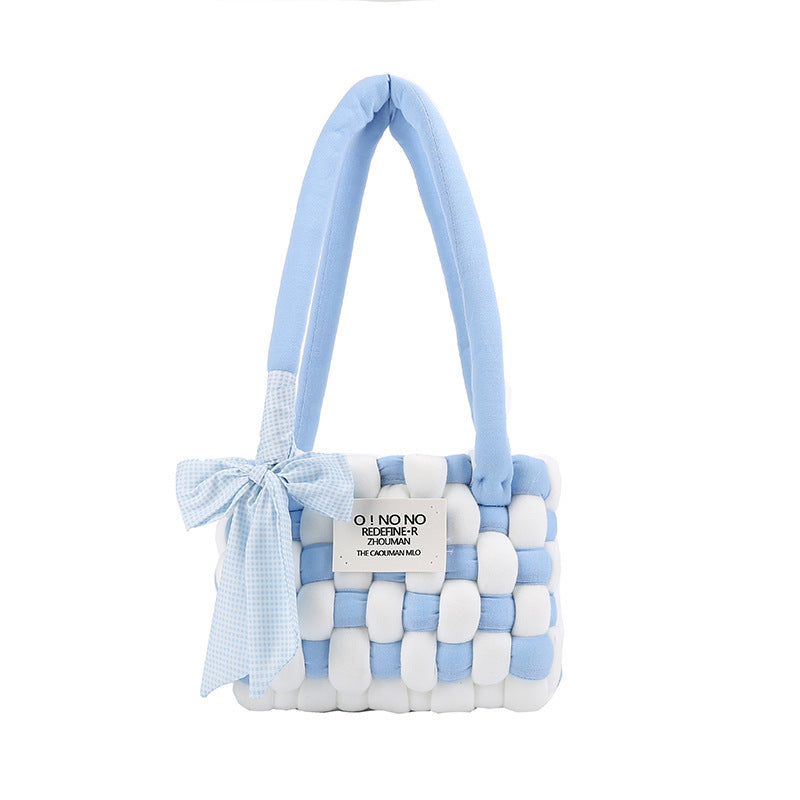 Coarse Yarn Cotton Candy Chessboard Hand-woven Homemade Women's Shoulder Bag