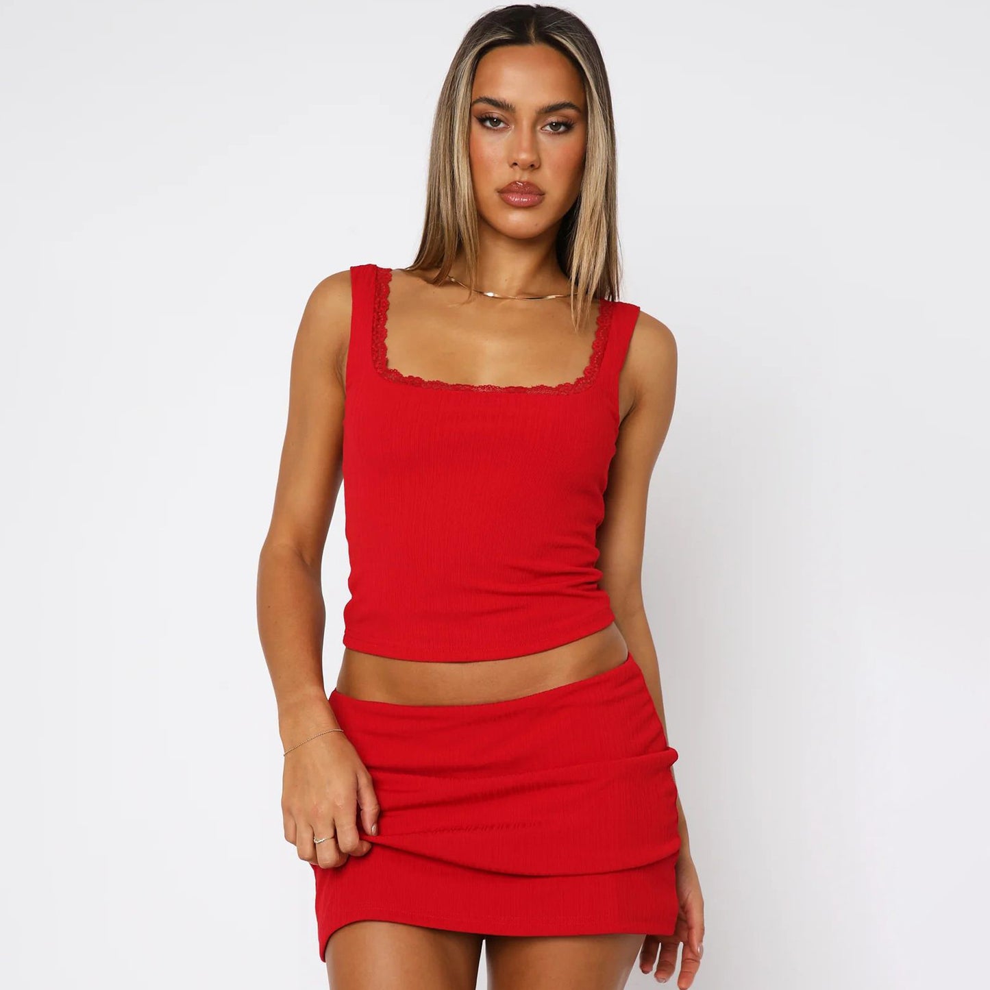 Women's Summer Lace Square Collar Hot Solid Tops