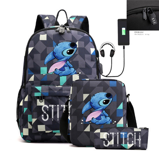 Cartoon Character Stitch Three-piece Male Female Backpacks