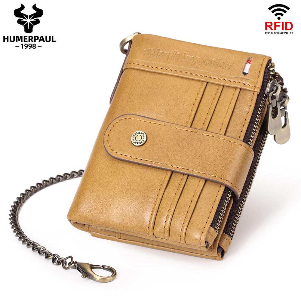 Men's Double Zipper Leather Multiple Slots Crazy Men's Wallets