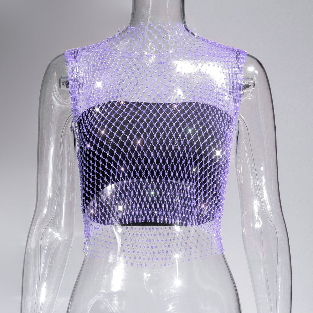 Women's Charming Summer Rhinestone Mesh T-shirt Tops