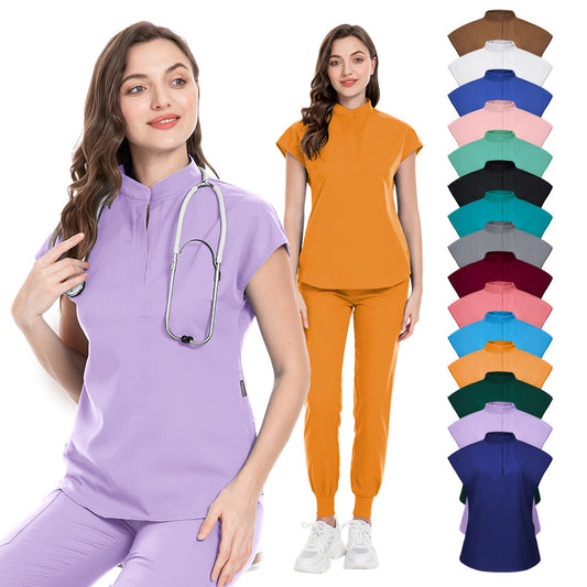 Color Medical Scrubbing Nursing Trousers Elastic Stand Collar Jogging Uniform