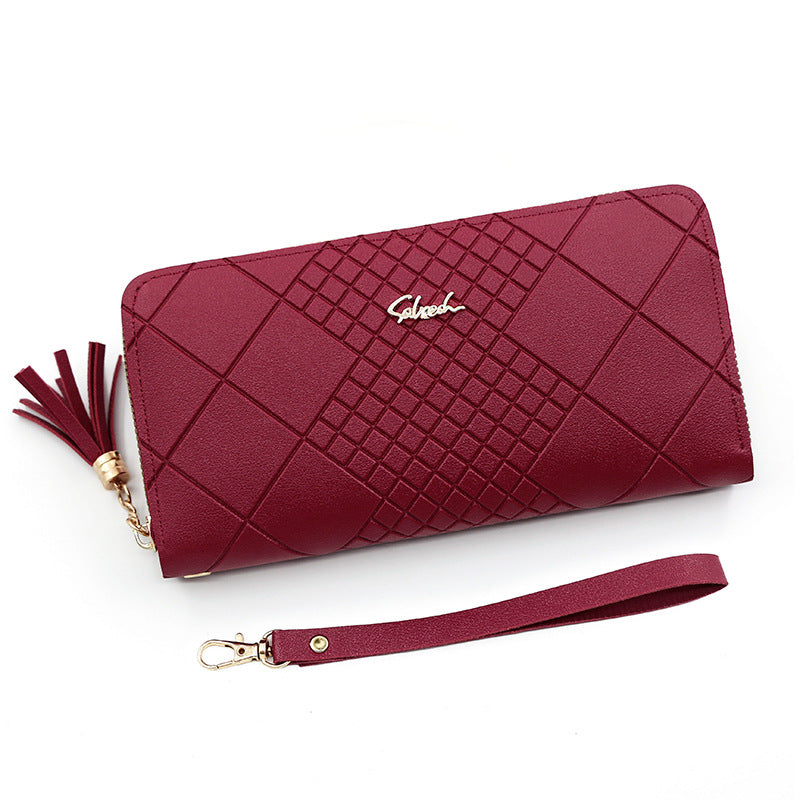 Women's Long Portable Mobile Simple Embossed Tassel Bags