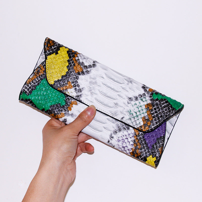 Women's Fan Embossed Snake Pattern Long Handbags