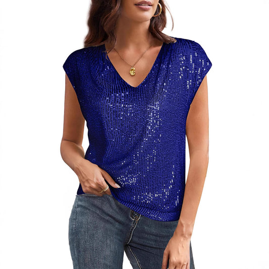 Women's Pretty Casual Summer Sequins Short-sleeved Blouses