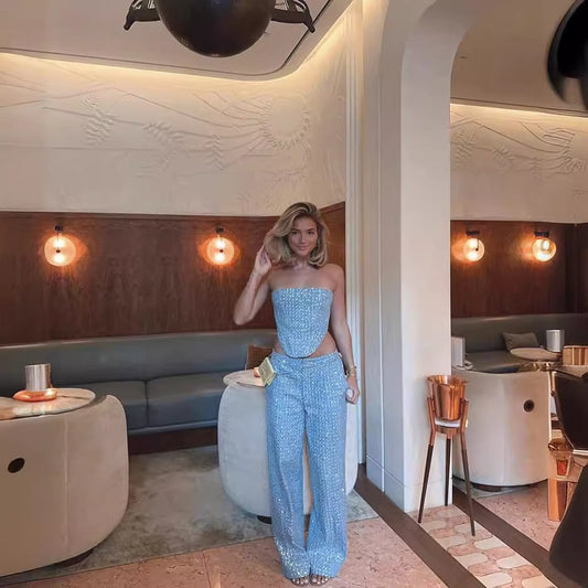 Women's Classic Sexy Denim Sequined Tube Suits