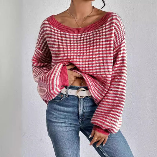 Women's Contrast Color Striped Lantern Sleeve Sweaters