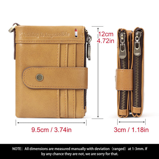 Men's Double Zipper Leather Multiple Slots Crazy Men's Wallets