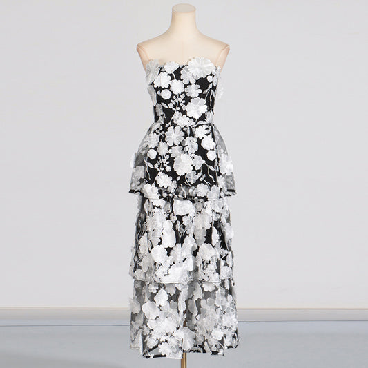 Women's Tube Three-dimensional Stitching Flower Design Ruffled Long Dresses