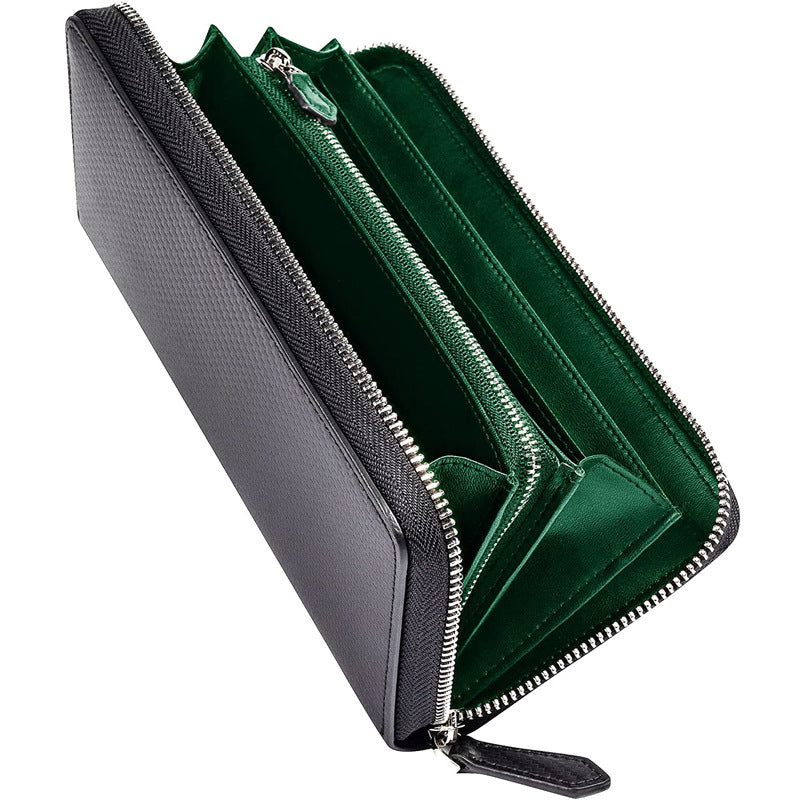 Men's Slots Carbon Fiber Long Zip Genuine Leather Men's Wallet